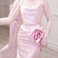 Vintage Spaghetti Straps Pink Prom Dress Cutout Handmade Flowers A-Line Evening Dress C8920