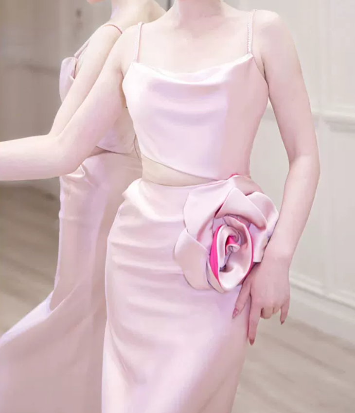Vintage Spaghetti Straps Pink Prom Dress Cutout Handmade Flowers A-Line Evening Dress C8920
