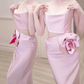 Vintage Spaghetti Straps Pink Prom Dress Cutout Handmade Flowers A-Line Evening Dress C8920