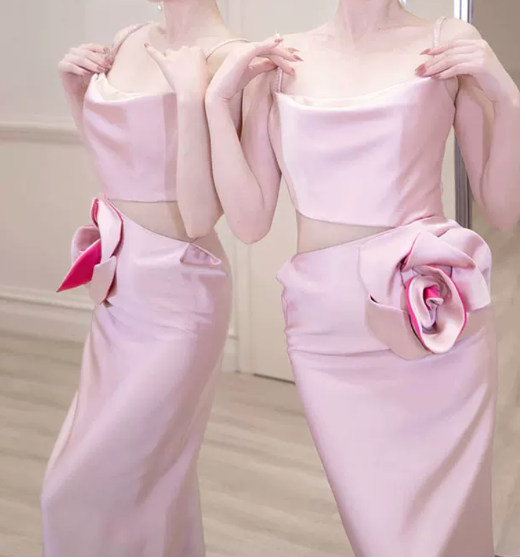 Vintage Spaghetti Straps Pink Prom Dress Cutout Handmade Flowers A-Line Evening Dress C8920