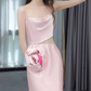 Vintage Spaghetti Straps Pink Prom Dress Cutout Handmade Flowers A-Line Evening Dress C8920