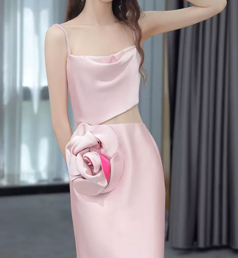 Vintage Spaghetti Straps Pink Prom Dress Cutout Handmade Flowers A-Line Evening Dress C8920