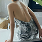 Glittering Halter Neck Silver Prom Dress Sequins Backless A-Line Evening Dress C8922