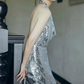 Glittering Halter Neck Silver Prom Dress Sequins Backless A-Line Evening Dress C8922