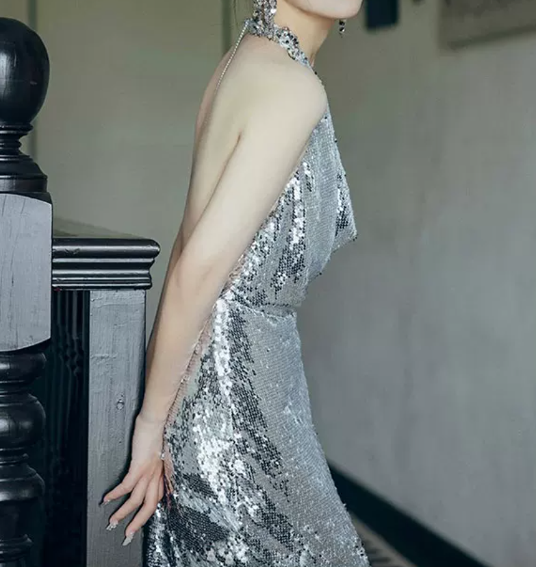 Glittering Halter Neck Silver Prom Dress Sequins Backless A-Line Evening Dress C8922