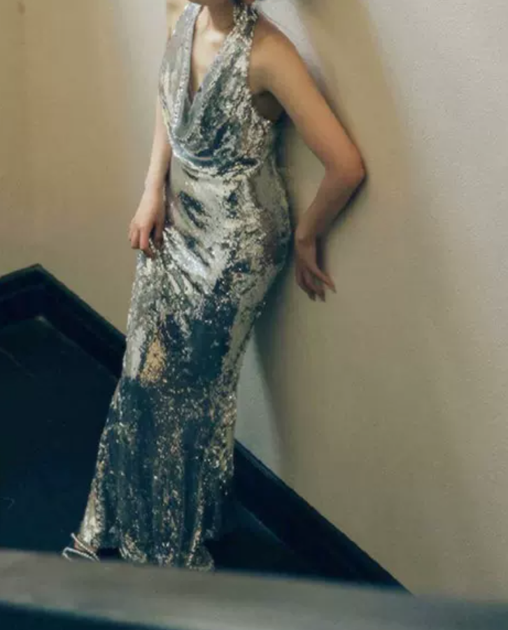 Glittering Halter Neck Silver Prom Dress Sequins Backless A-Line Evening Dress C8922