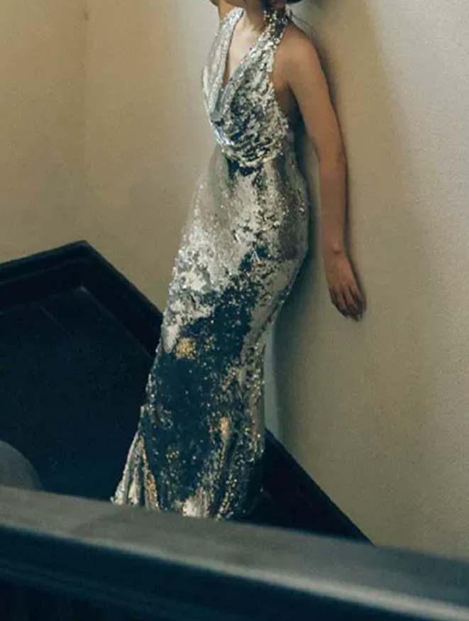 Glittering Halter Neck Silver Prom Dress Sequins Backless A-Line Evening Dress C8922