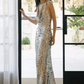 Glittering Halter Neck Silver Prom Dress Sequins Backless A-Line Evening Dress C8922