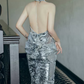 Glittering Halter Neck Silver Prom Dress Sequins Backless A-Line Evening Dress C8922