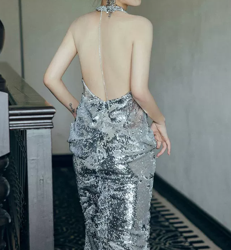 Glittering Halter Neck Silver Prom Dress Sequins Backless A-Line Evening Dress C8922