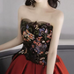 Retro Embroidered Floral Bodice Prom Dress Red Satin Sequins A-Line Evening Dress C8925