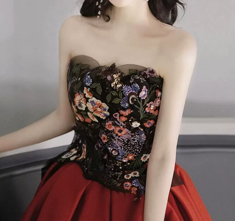 Retro Embroidered Floral Bodice Prom Dress Red Satin Sequins A-Line Evening Dress C8925