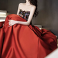 Retro Embroidered Floral Bodice Prom Dress Red Satin Sequins A-Line Evening Dress C8925