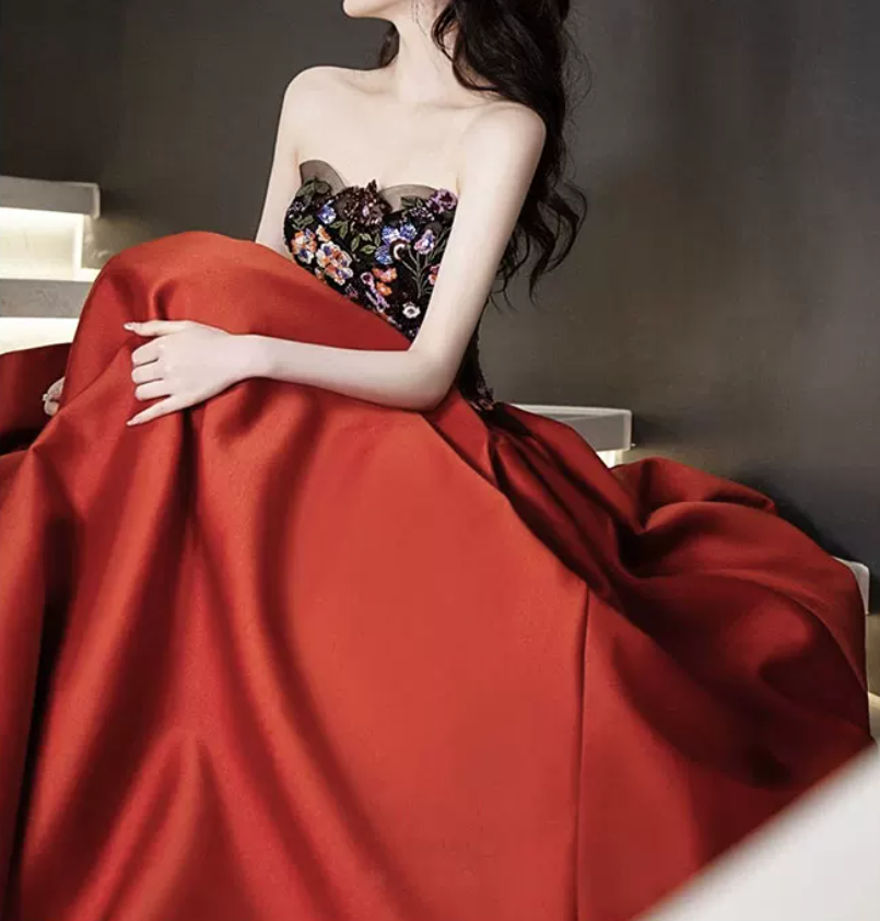Retro Embroidered Floral Bodice Prom Dress Red Satin Sequins A-Line Evening Dress C8925