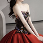 Retro Embroidered Floral Bodice Prom Dress Red Satin Sequins A-Line Evening Dress C8925