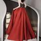 Retro Embroidered Floral Bodice Prom Dress Red Satin Sequins A-Line Evening Dress C8925
