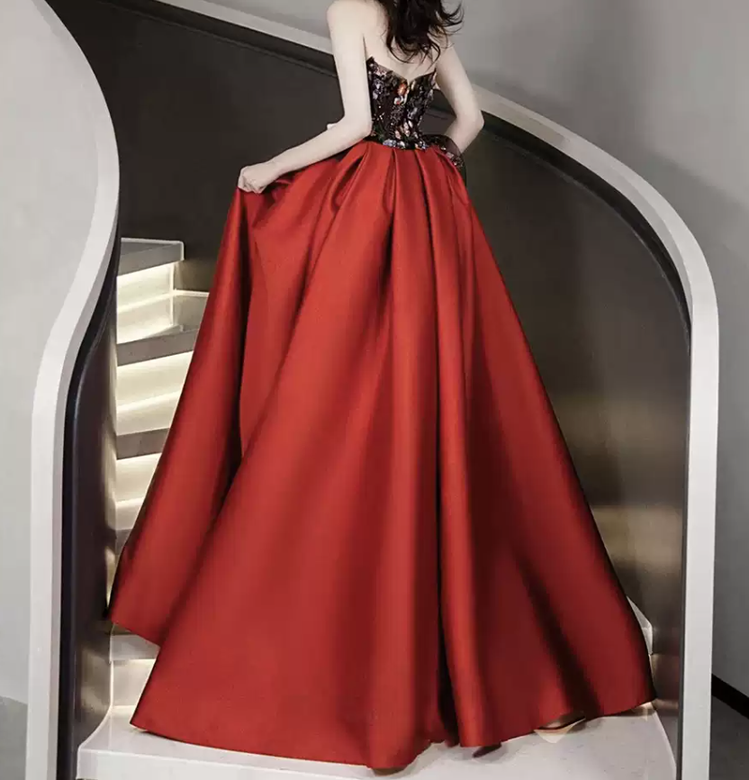 Retro Embroidered Floral Bodice Prom Dress Red Satin Sequins A-Line Evening Dress C8925