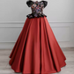 Retro Embroidered Floral Bodice Prom Dress Red Satin Sequins A-Line Evening Dress C8925