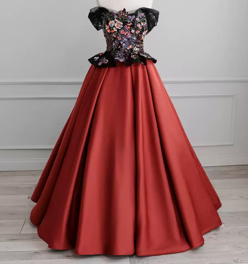 Retro Embroidered Floral Bodice Prom Dress Red Satin Sequins A-Line Evening Dress C8925