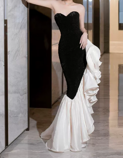 Unique Strapless Black Prom Dress Sequins Ruffles Mermaid Evening Dress C8926