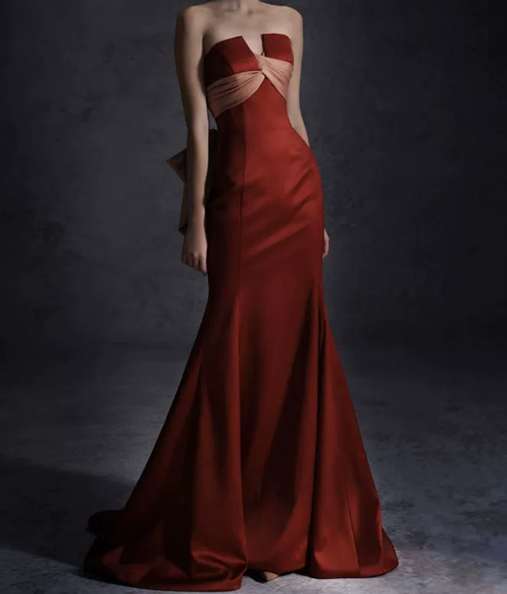 Robe de bal de princesse bustier à volants en satin long, robe de soirée C8117