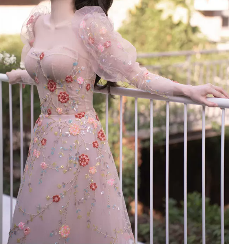 Chic Strapless Floral Prom Dress With Detachable Sleeves Sequins A-Line Evening Dress C8929