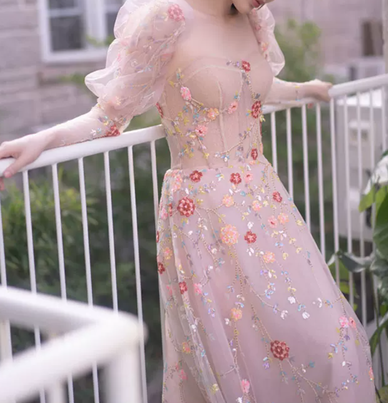 Chic Strapless Floral Prom Dress With Detachable Sleeves Sequins A-Line Evening Dress C8929
