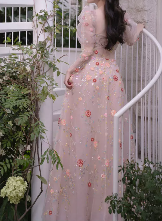 Chic Strapless Floral Prom Dress With Detachable Sleeves Sequins A-Line Evening Dress C8929