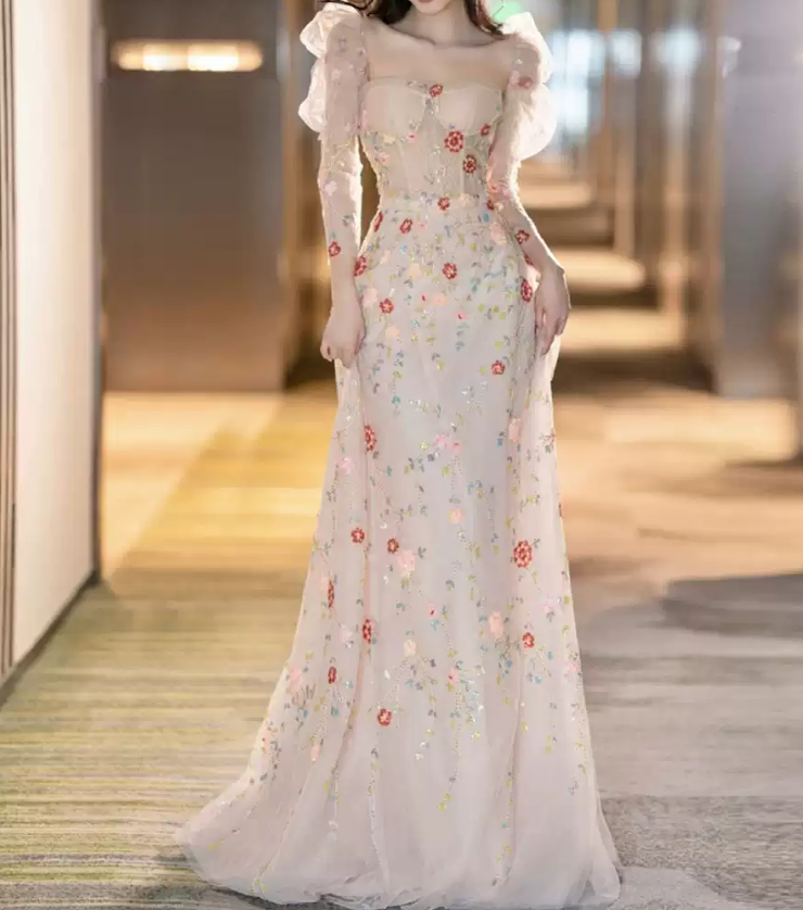 Chic Strapless Floral Prom Dress With Detachable Sleeves Sequins A-Line Evening Dress C8929