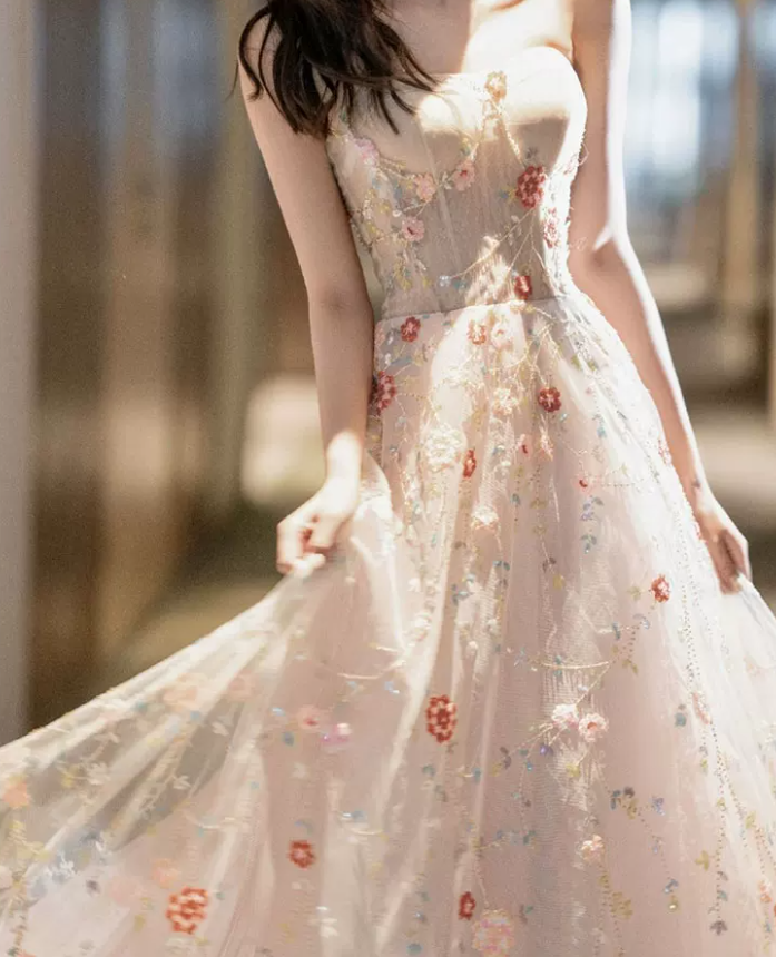 Chic Strapless Floral Prom Dress With Detachable Sleeves Sequins A-Line Evening Dress C8929