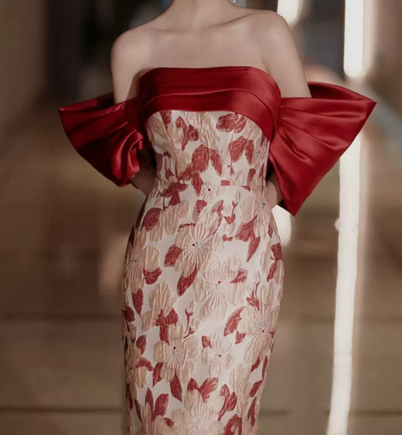 Romantic Off-Shoulder Red Prom Dress Floral Silt Mermaid Evening Dress C8933