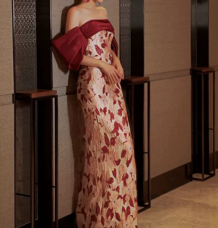 Romantic Off-Shoulder Red Prom Dress Floral Silt Mermaid Evening Dress C8933