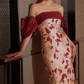 Romantic Off-Shoulder Red Prom Dress Floral Silt Mermaid Evening Dress C8933