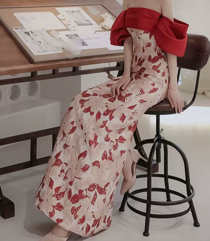 Romantic Off-Shoulder Red Prom Dress Floral Silt Mermaid Evening Dress C8933