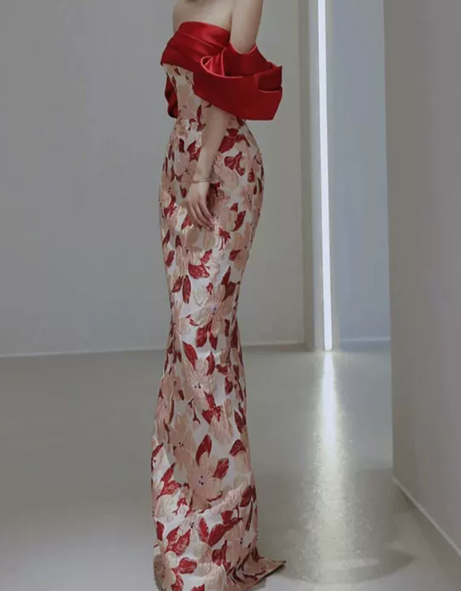 Romantic Off-Shoulder Red Prom Dress Floral Silt Mermaid Evening Dress C8933