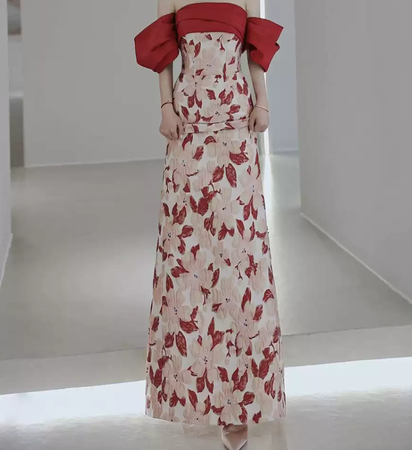 Romantic Off-Shoulder Red Prom Dress Floral Silt Mermaid Evening Dress C8933