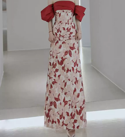 Romantic Off-Shoulder Red Prom Dress Floral Silt Mermaid Evening Dress C8933