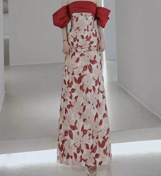 Romantic Off-Shoulder Red Prom Dress Floral Silt Mermaid Evening Dress C8933