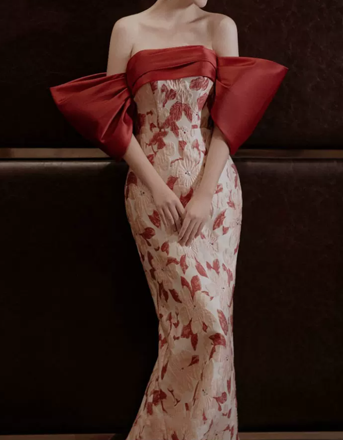 Romantic Off-Shoulder Red Prom Dress Floral Silt Mermaid Evening Dress C8933