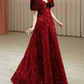 Trendy V Neck Red Prom Dress Sequins Short Sleeve A-Line Evening Dress C8935