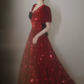 Trendy V Neck Red Prom Dress Sequins Short Sleeve A-Line Evening Dress C8935