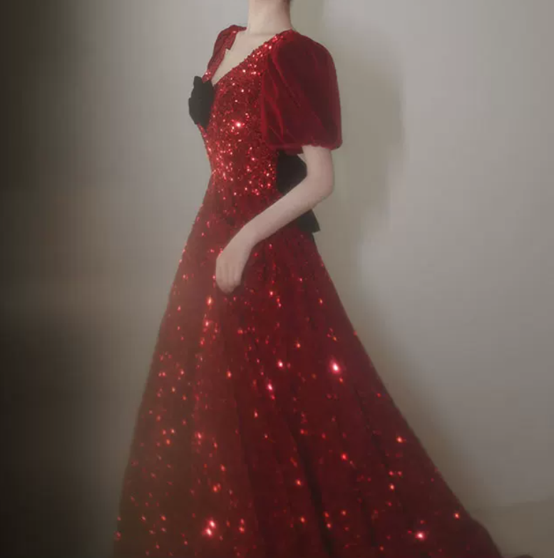 Trendy V Neck Red Prom Dress Sequins Short Sleeve A-Line Evening Dress C8935
