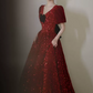 Trendy V Neck Red Prom Dress Sequins Short Sleeve A-Line Evening Dress C8935