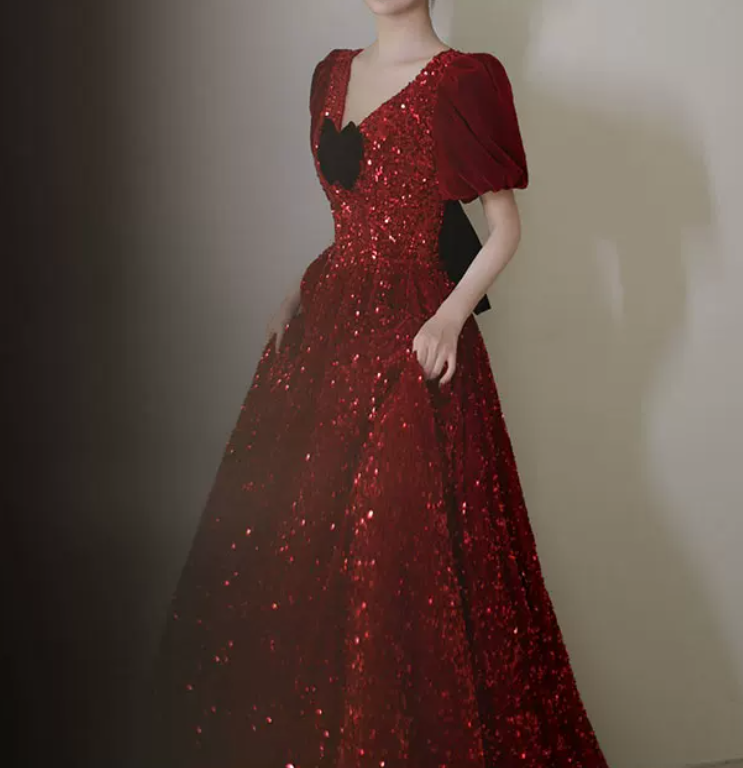 Trendy V Neck Red Prom Dress Sequins Short Sleeve A-Line Evening Dress C8935