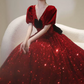 Trendy V Neck Red Prom Dress Sequins Short Sleeve A-Line Evening Dress C8935