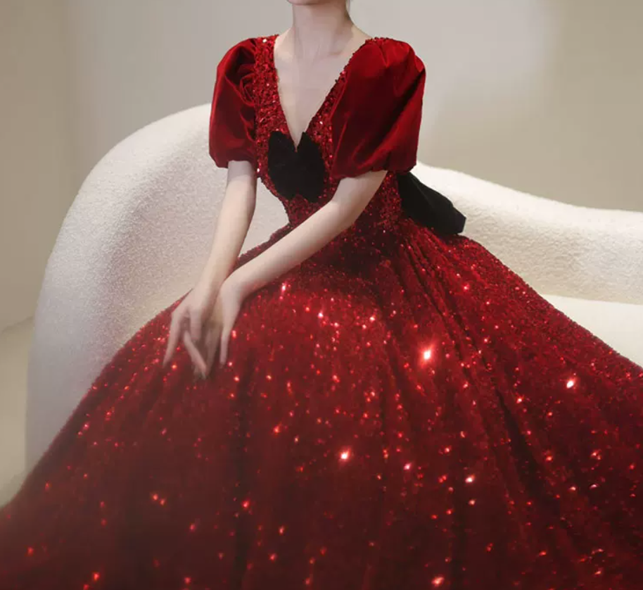 Trendy V Neck Red Prom Dress Sequins Short Sleeve A-Line Evening Dress C8935