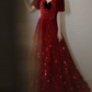 Trendy V Neck Red Prom Dress Sequins Short Sleeve A-Line Evening Dress C8935