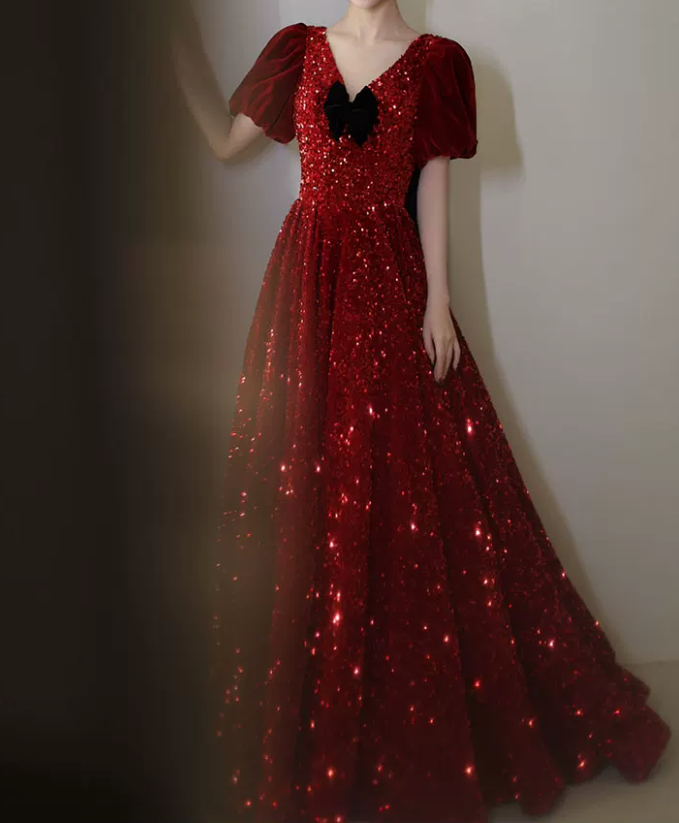Trendy V Neck Red Prom Dress Sequins Short Sleeve A-Line Evening Dress C8935