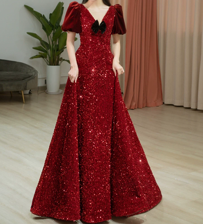 Trendy V Neck Red Prom Dress Sequins Short Sleeve A-Line Evening Dress C8935
