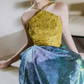 Vintage Halter Neck Yellow & Green Prom Dress Jacquard A-Line Evening Dress C8938